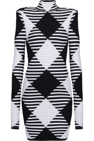 Balmain Kjole, Dame, Sort, XS, Uld, Kort kjole i rullet ginghamstrik