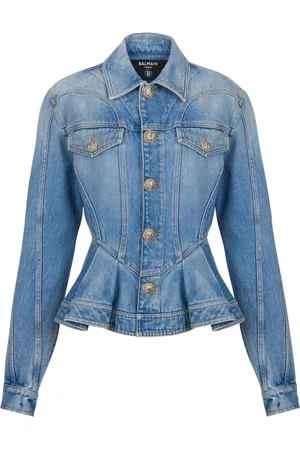 Balmain Jakke, Dame, Blå, S, Denim, Plisseret denimjakke