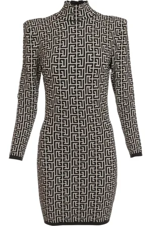 Balmain Kjole, Dame, Sort, XS, Uld, Kort tofarvet jacquardstrikket kjole med monogram.