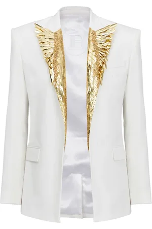 Balmain Jakke, Herre, Hvid, L, Uld, Blazer broderet med guld fjer