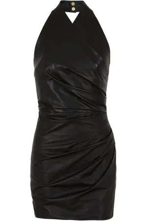 Balmain Kjole, Dame, Sort, M, Læder, Sort Læder Halterneck Kjole