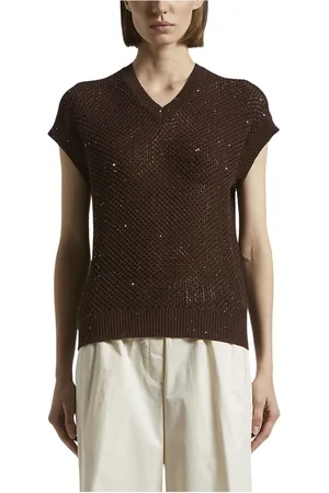 PESERICO SIGN Strik, Dame, Brun, XS, Bomuld, Ren bomuld cordonetto vest med pailletter