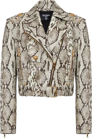 Balmain Jakke, Dame, Brun, M, Læder, Slangehudslæder bikerjakke