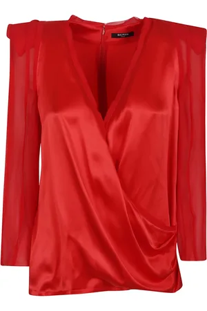 Balmain Bluser & Skjorter, Dame, Rød, M, Silke Crepe Draperet Top