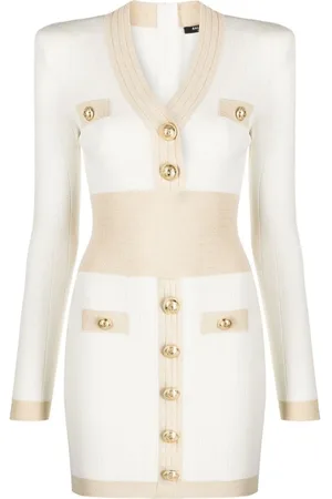 Balmain Kjole, Dame, , XL, Uld, Guld Kant Strik Kjole i