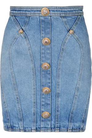 Balmain Nederdel, Dame, Blå, M, Denim, Knappet denim nederdel