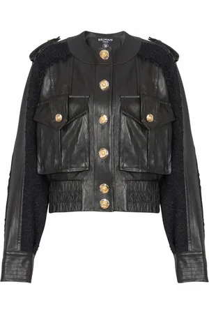 Balmain Jakke, Dame, Sort, S, Læder, Tweed og læder bomberjakke