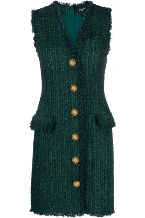 Balmain Kjole, Dame, Grøn, S, Tweed, V-hals Tweed Kjole med Knapper