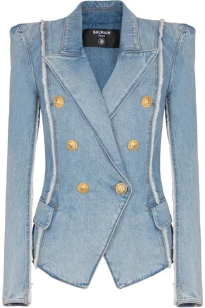 Balmain Jakke, Dame, Blå, M, Denim, 6-knaps skræddersyet denimjakke
