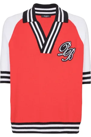 Balmain Top, Herre, Rød, 2XL, Bomuld, College Baseball PB Signature strik polo shirt