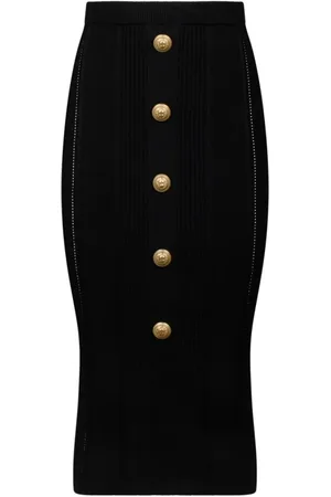 Balmain Nederdel, Dame, Sort, M, Sort Strik Midi Nederdel med Løveknapper