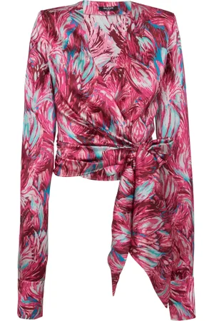 Balmain Bluser & Skjorter, Dame, Lyserød, M, Satin, Fjertryk satin wrap bluse