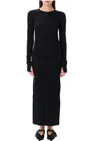 Ganni Kjole, Dame, Sort, XS, Bomuld, Sort Rib Lang Kjole med Logo Broderi