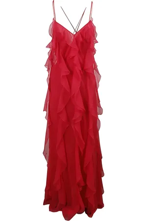 Alberta Ferretti Kjole, Dame, Rød, S, Uld, Silkekjole med flæser