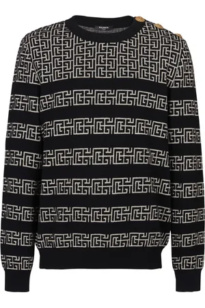 Balmain Strik, Herre, Sort, XL, Uld, Stribet PB Labyrinth uld og hør jumper