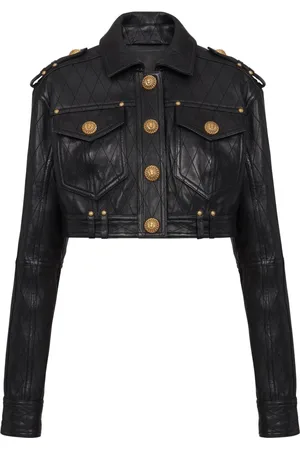 Balmain Jakke, Dame, Sort, S, Læder, Topstitched cropped læderjakke