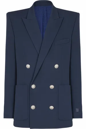 Balmain Jakkesæt, Herre, Blå, XL, Uld, Grain de poudre blazer