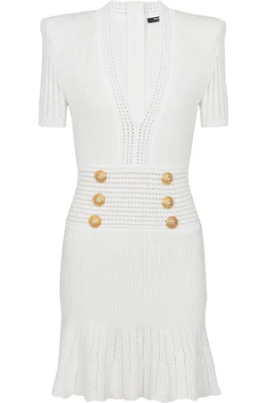 Balmain Kjole, Dame, Hvid, L, Uld, Flared strikkjole