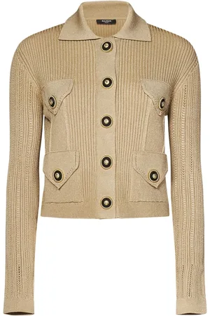 Balmain Strik, Dame, , XS, Uld, Ribstrikket Cardigan med Guld Knapper