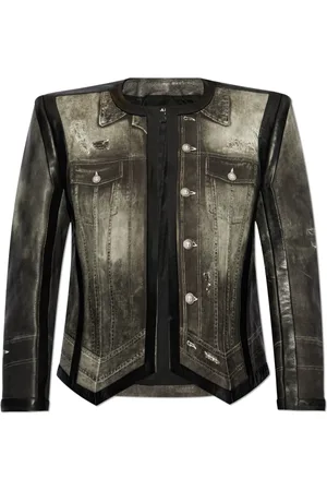 Balmain Jakke, Dame, Grå, S, Læder, Læderjakke med print