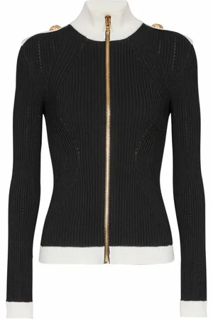 Balmain Strik, Dame, Sort, L, Uld, Højhalset strikket cardigan med lynlås