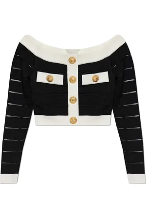 Balmain Bluser & Skjorter, Dame, Sort, L, Uld, Buttoned Crop Top