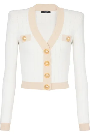 Balmain Strik, Dame, Hvid, XS, Uld, Kort strikket cardigan med guldkant
