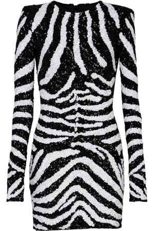 Balmain Kjole, Dame, Sort, XS, Uld, Kort tofarvet paljetkjole Zebra