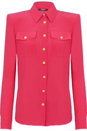 Balmain Bluser & Skjorter, Dame, Lyserød, 2XS, Uld, Crepe skjorte med gyldne knapper