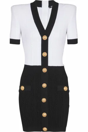 Balmain Kjole, Dame, Hvid, L, Uld, To-farvet kabelstrik kropsnær kjole