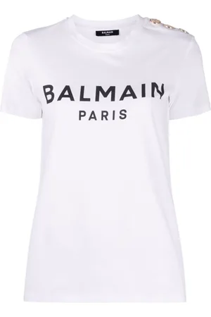 Balmain Top, Dame, Hvid, M, Bomuld, T-shirt med logo-print og knapdetaljer
