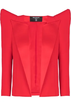 Balmain Jakke, Dame, Rød, XS, Uld, Beskåret crepe-jakke med strukturerede skuldre