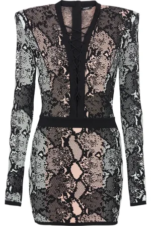 Balmain Kjole, Dame, Flerfarvet, XS, Uld, Kort slangeskindsjacquardkjole