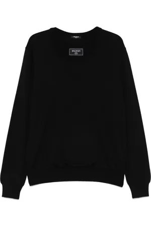 Balmain Strik, Herre, Sort, L, Sort Striktrøje med Logo Patch