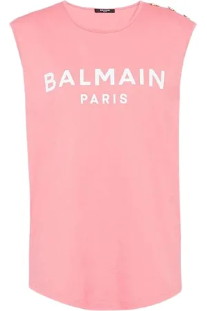Balmain Top, Dame, Lyserød, L, Bomuld, Laks og hvid bomuld T-shirt