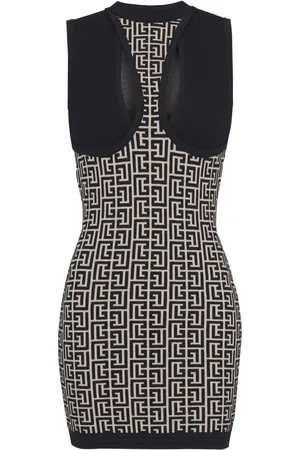 Balmain Kjole, Dame, Sort, 2XS, Ærmeløs Kjole med Monogramstrik og Udskæringer