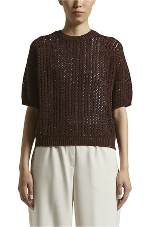 PESERICO SIGN Strik, Dame, Brun, XL, Bomuld, Bomuldscordonnet sweater med pailletter
