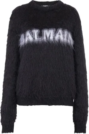 Balmain Strik, Dame, Sort, S, Logo Mohair Pullover Rund Hals