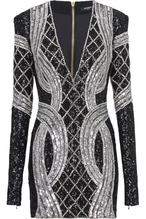 Balmain Kjole, Dame, Sort, XS, Uld, Kort Sølv Broderet Kjole