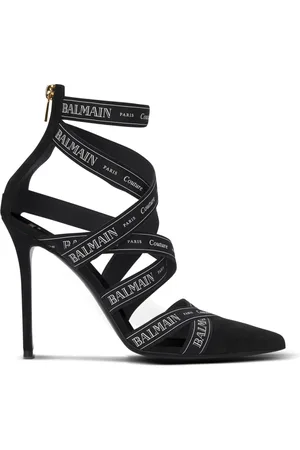 Balmain Sko, Dame, Sort, 40 EU, Uld, Couture ruskindshæle med båndmotiv