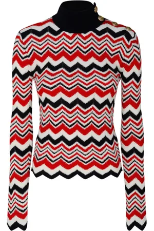Balmain Strik, Dame, Flerfarvet, 2XS, Uld, Chevron Striktrøje i Rød, Hvid, Sort