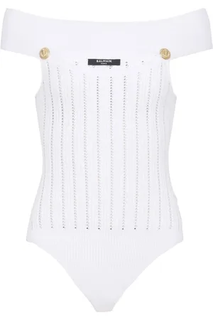 Balmain Top, Dame, Hvid, M, Uld, Ribstrikket Off-Shoulder Hvid Body
