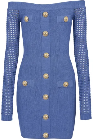 Balmain Kjole, Dame, Blå, L, Uld, Off-shoulder mesh strikkjole