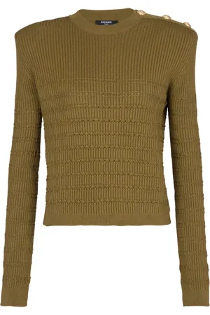 Balmain Strik, Dame, Grøn, M, Uld, Striktrøje med guld knapper