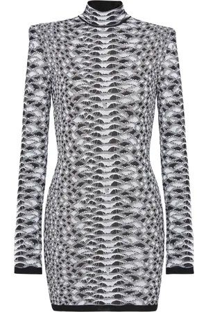 Balmain Kjole, Dame, Sort, M, Uld, Kort Kjole i Strik med Slangeskindsstruktur