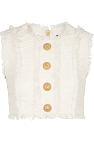 Balmain Top, Dame, Hvid, S, Tweed, Tweed crop top med knapper