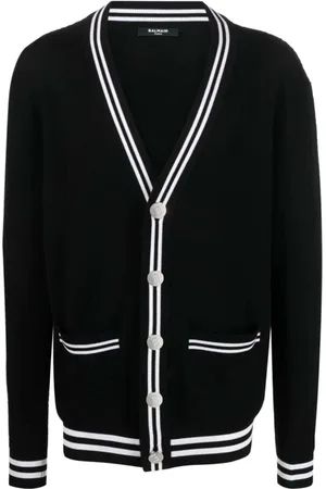Balmain Strik, Herre, Sort, M, Uld, Kontrastkantet V-hals cardigan