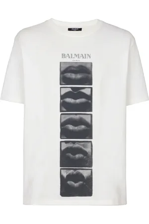 Balmain Top, Herre, Hvid, L, Bomuld, T-shirt med vintage Balain Lips print