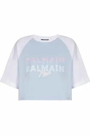 Balmain Top, Dame, Blå, S, Bomuld, Cropped T-shirt med Paris print