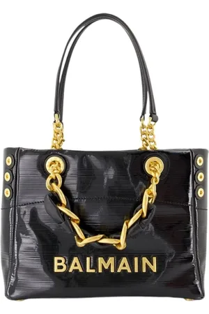 Balmain Taske, Dame, Sort, ONE SIZE, Læder, Sort Læder Shopper Taske med Stribet Patent Lukning